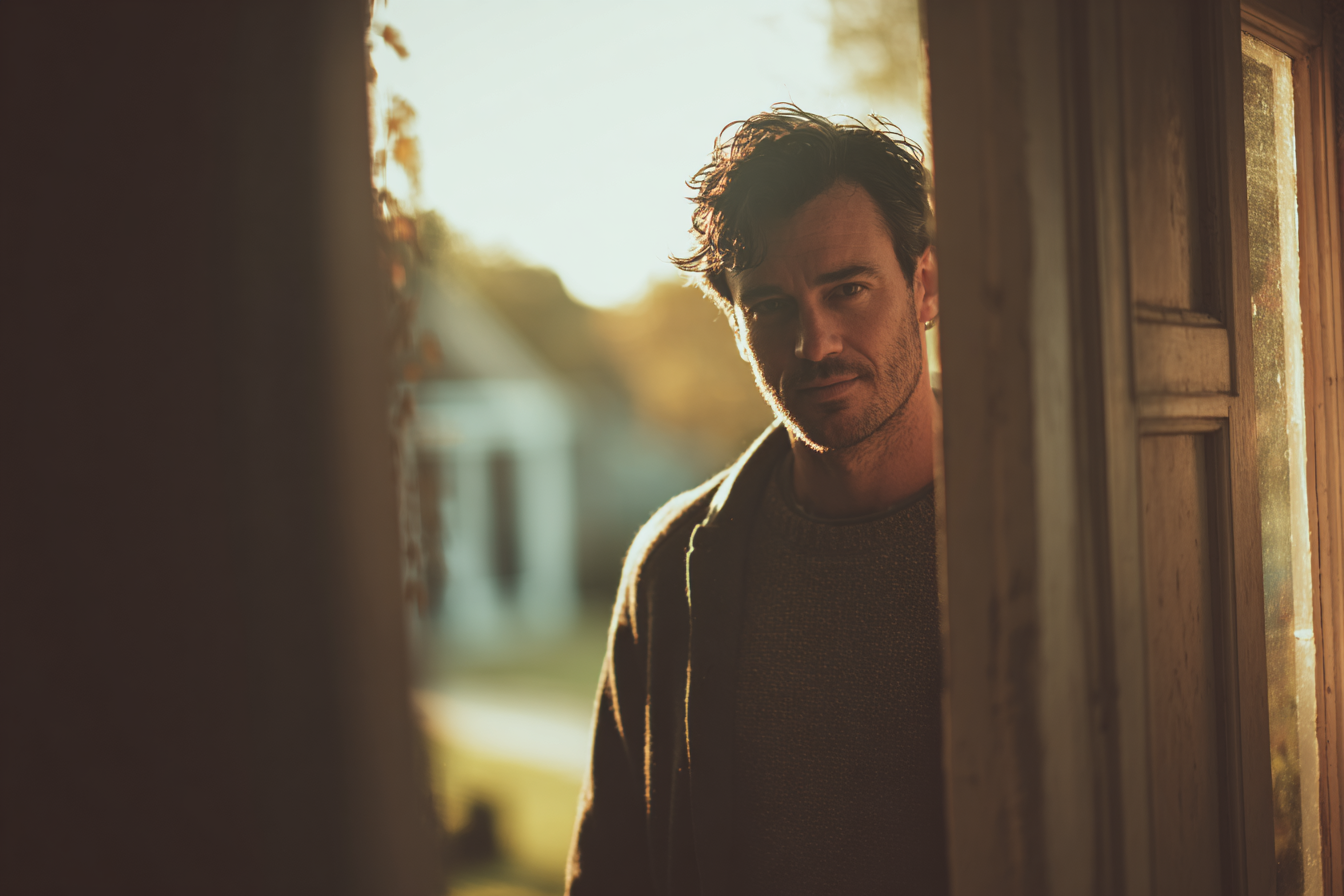 A man standing outside a house | Source: Midjourney
