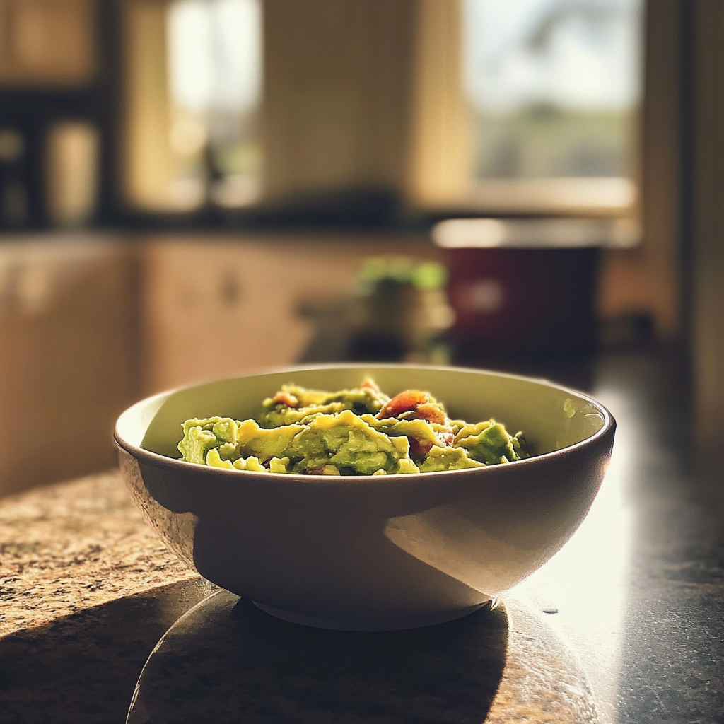 A bowl of guacamole on a kitchen counter | Source: Midjourney