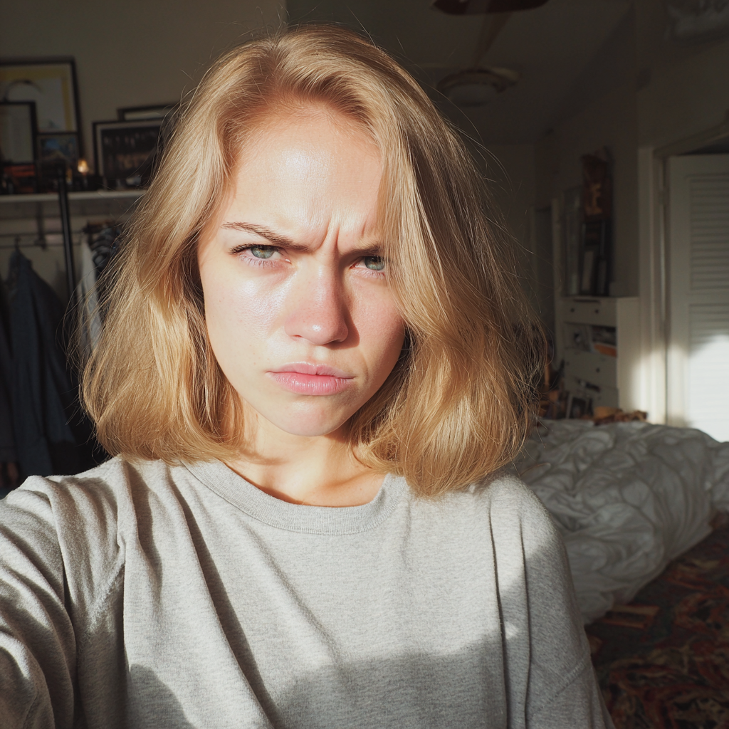 A frowning woman standing in a bedroom | Source: Midjourney
