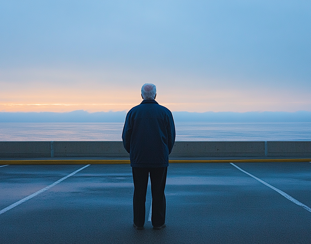 An elderly man standing in a parking lot looking at the ocean | Source: Midjourney