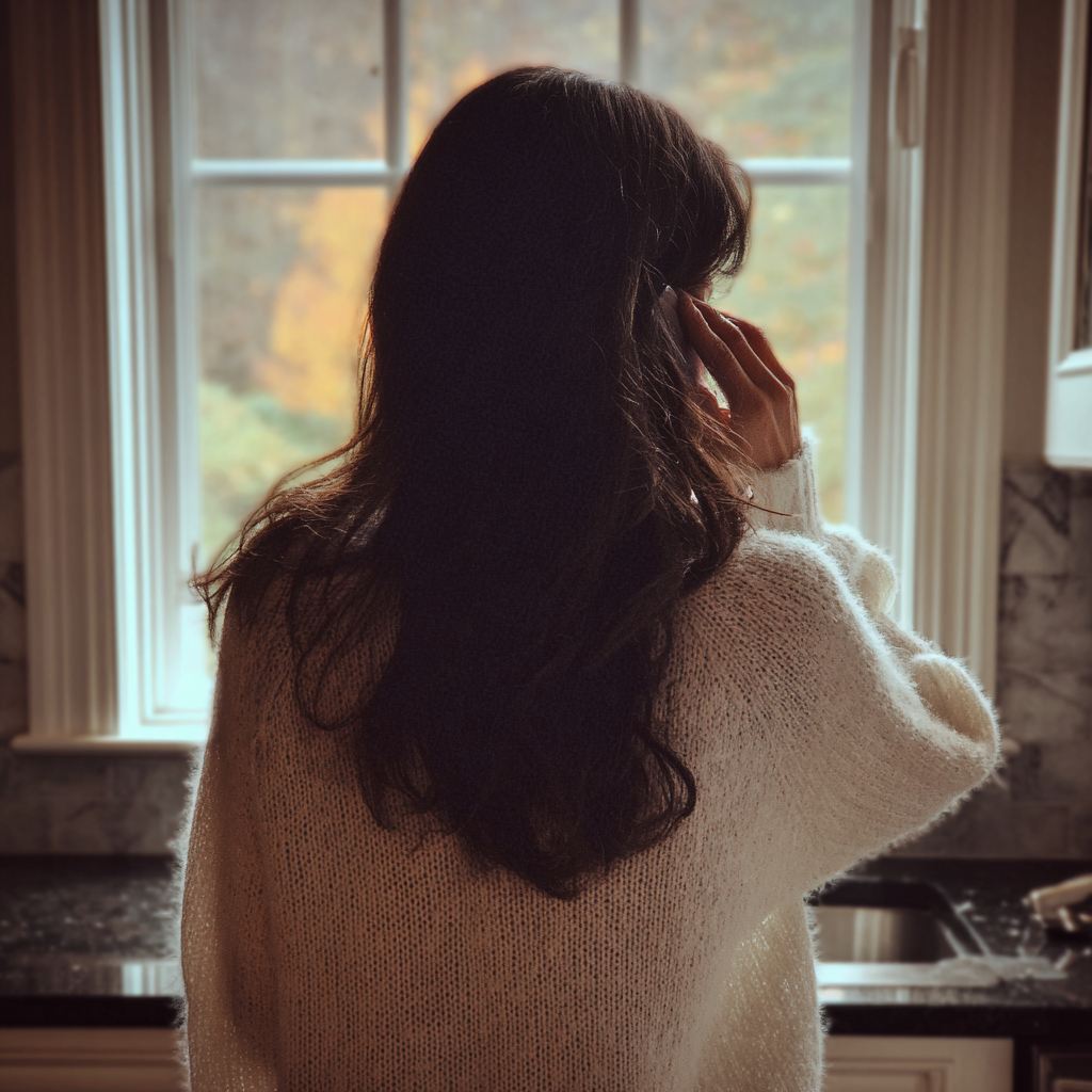 A woman talking on the phone and looking out a window | Source: Midjourney