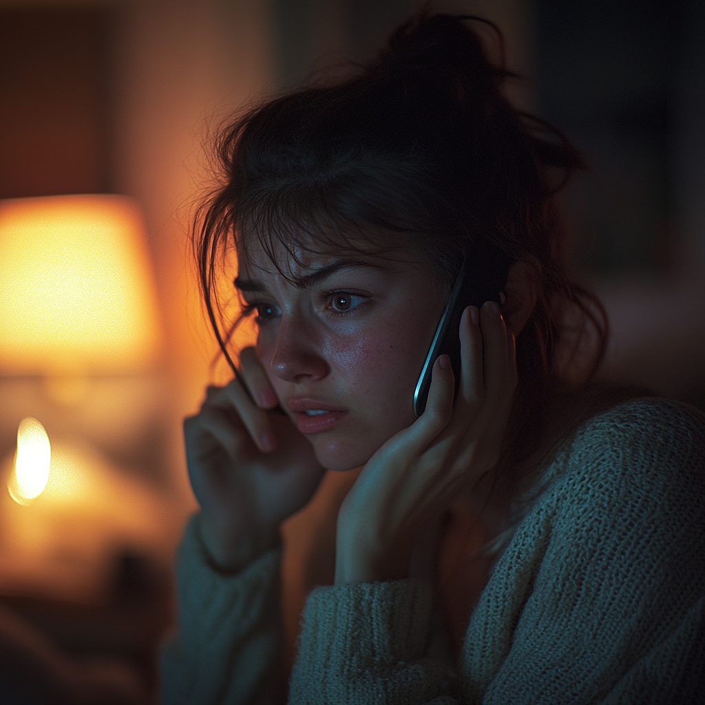 An upset woman talking on the phone at night | Source: Midjourney