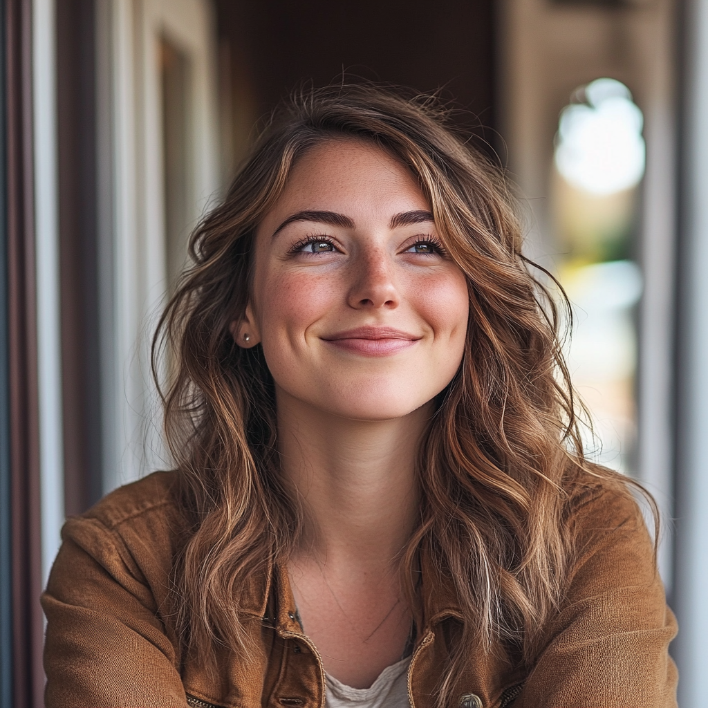 A thoughtful and happy woman standing on the front porch | Source: Midjourney