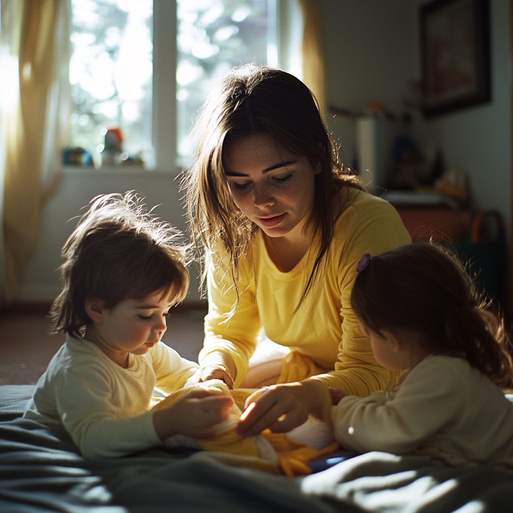 A woman keeping her children busy | Source: Midjourney