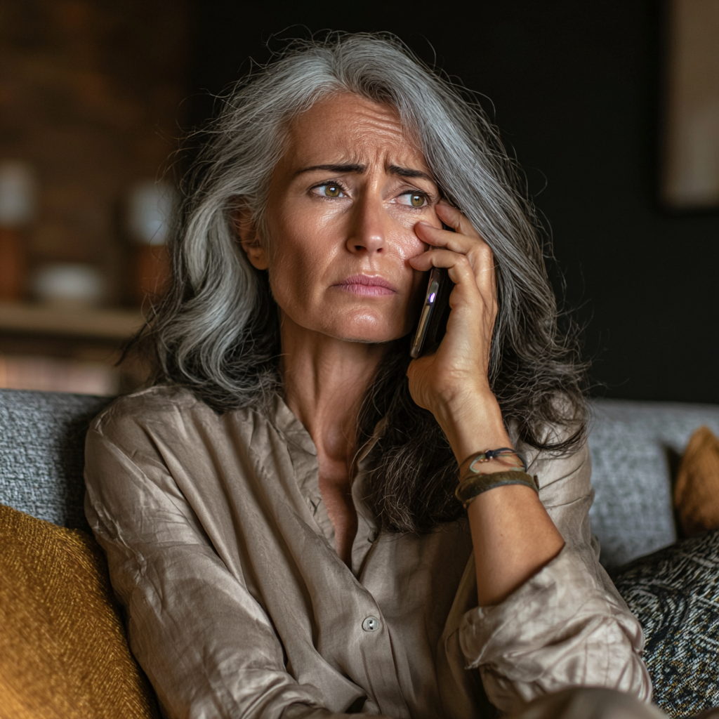 An upset woman talking on a phone | Source: Midjourney