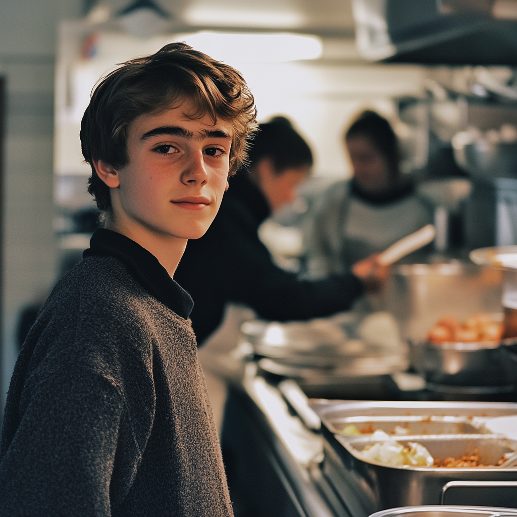 A boy volunteering at a soup kitchen | Source: Midjourney