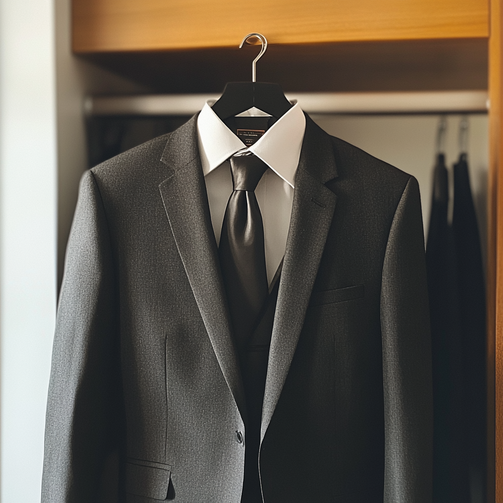 A charcoal suit on a hanger | Source: Midjourney