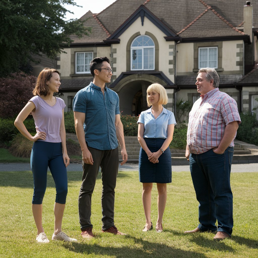 A group standing on the lawn of a home, chatting happily | Source: Midjourney