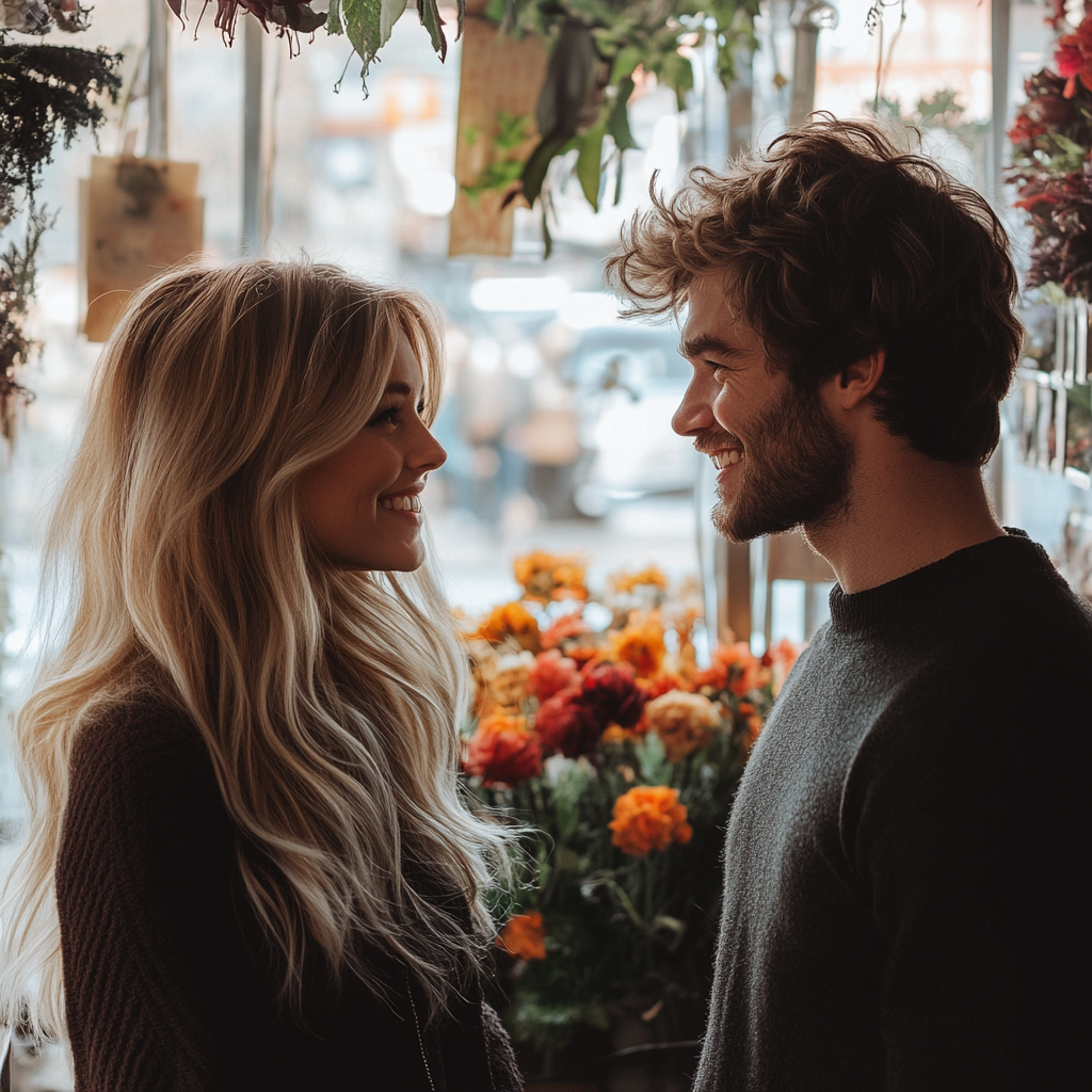 A happy couple in a flower shop | Source: Midjourney