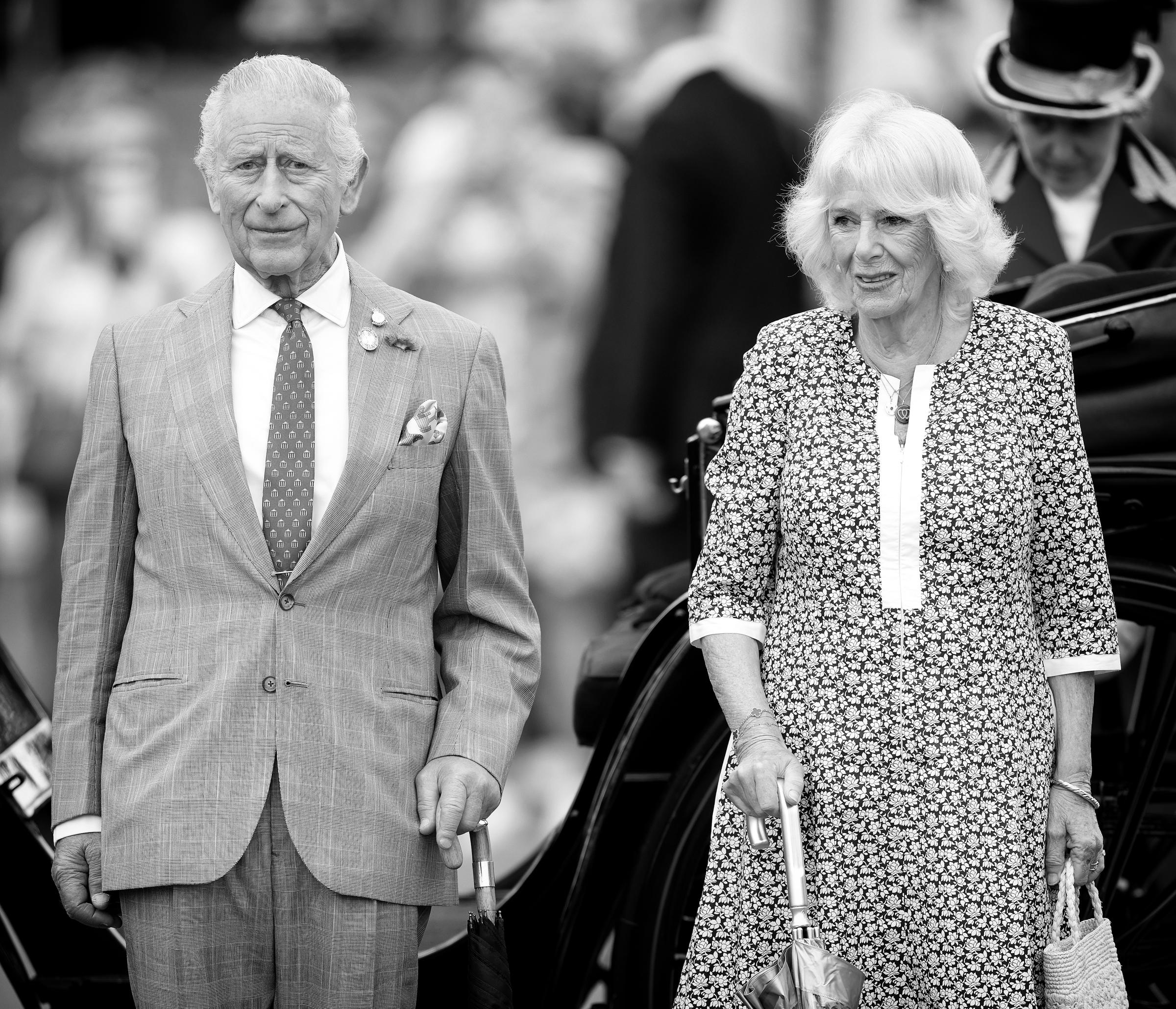 King Charles III and Queen Camilla arrive for a visit to the Sandringham Flower Show 2025 at Sandringham House on July 23, 2025, in King's Lynn, England. | Source: Getty Images