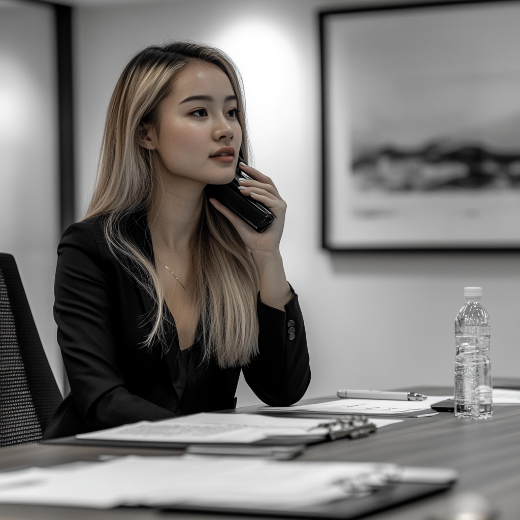 Young woman on phone during a meeting | Source: Midjourney