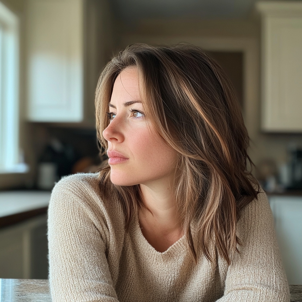 A woman sitting at a kitchen counter | Source: Midjourney