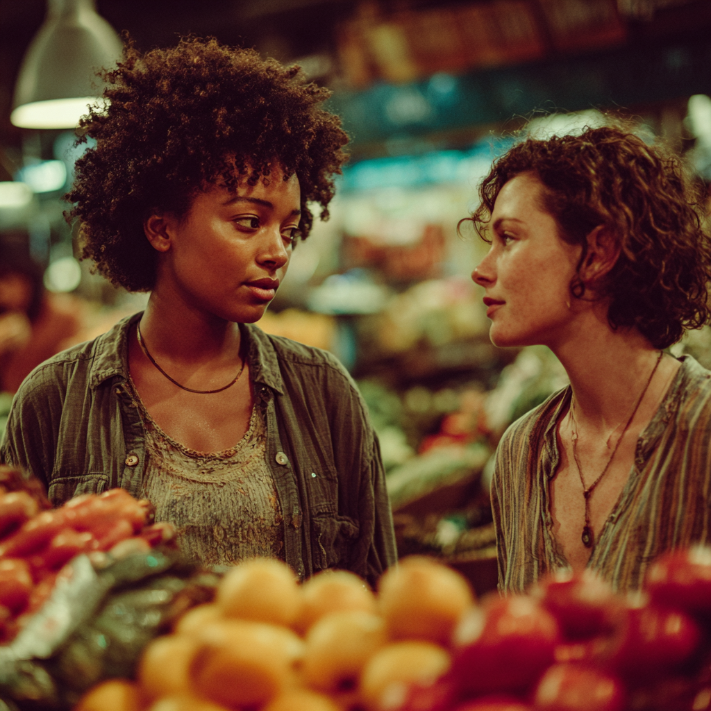 Duas mulheres sérias em um supermercado | Fonte: Midjourney
