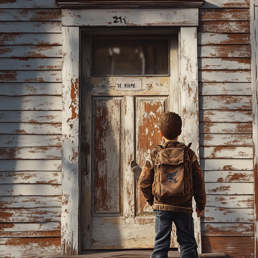 A boy standing outside a house | Source: Midjourney