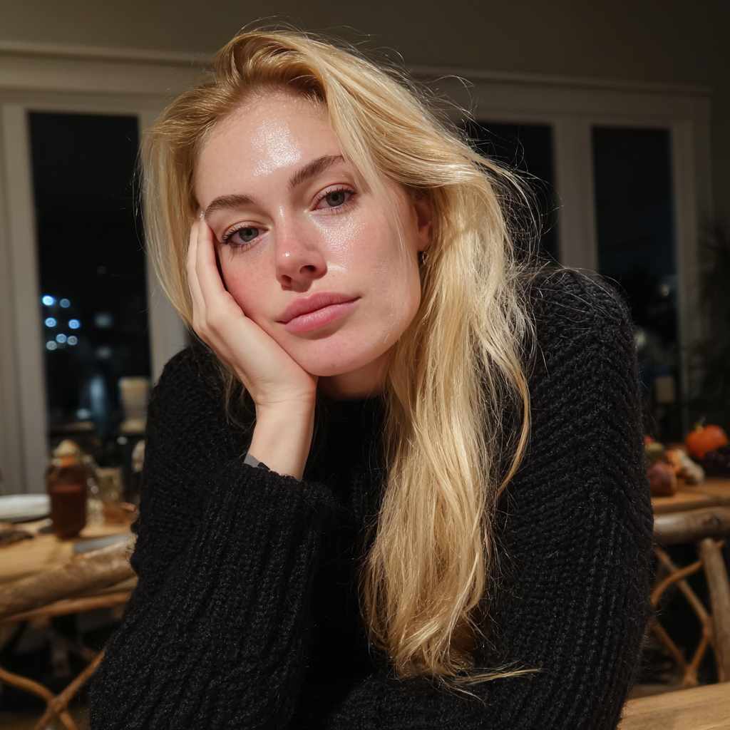 A blonde woman with her hand on her face | Source: Midjourney