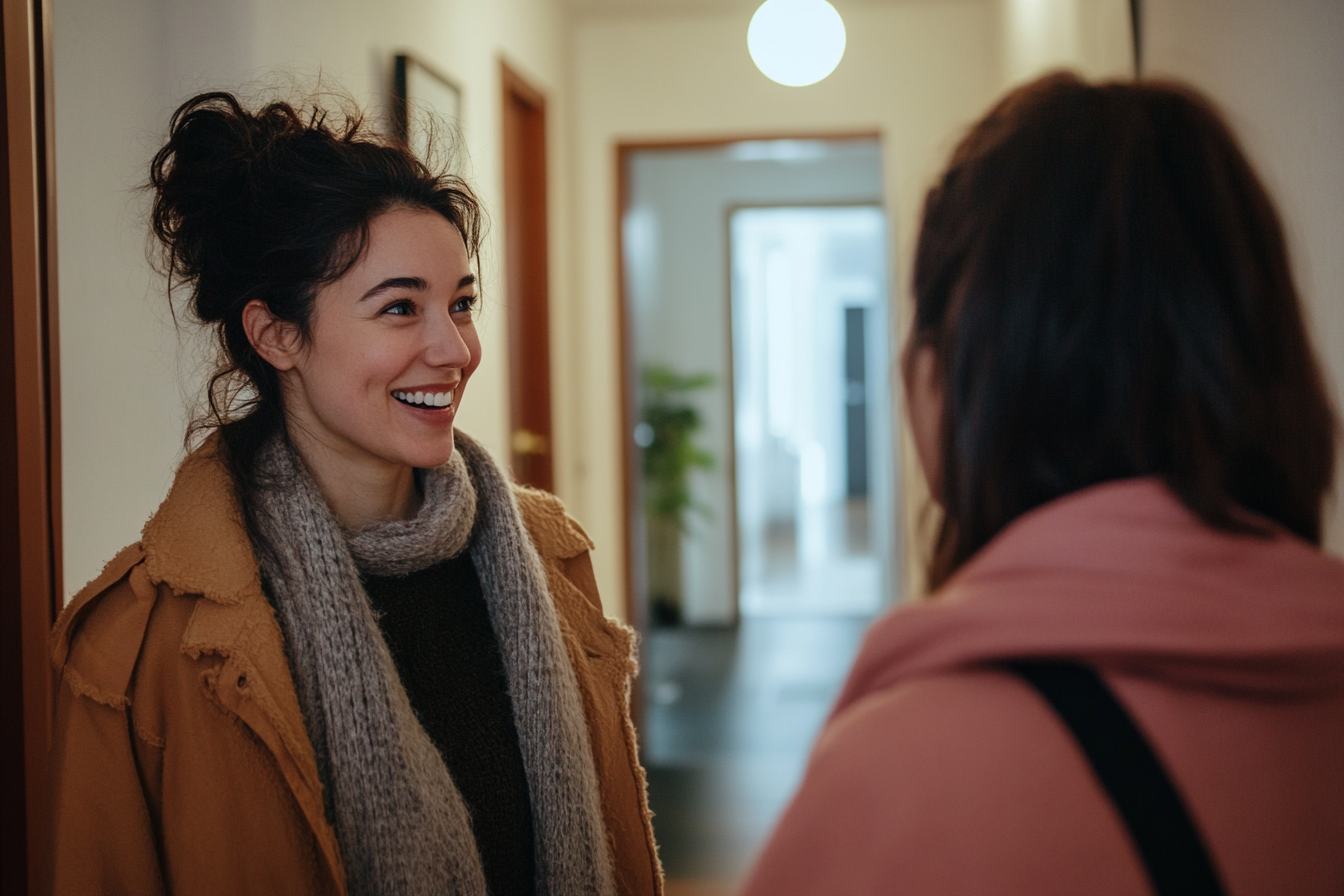 Neighbors greeting each other in an apartment building hallway | Source: Midjourney