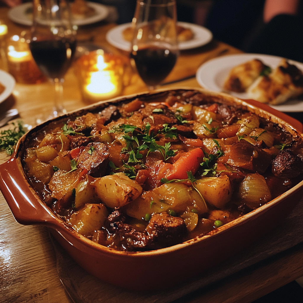 A casserole of stew on a table | Source: Midjourney