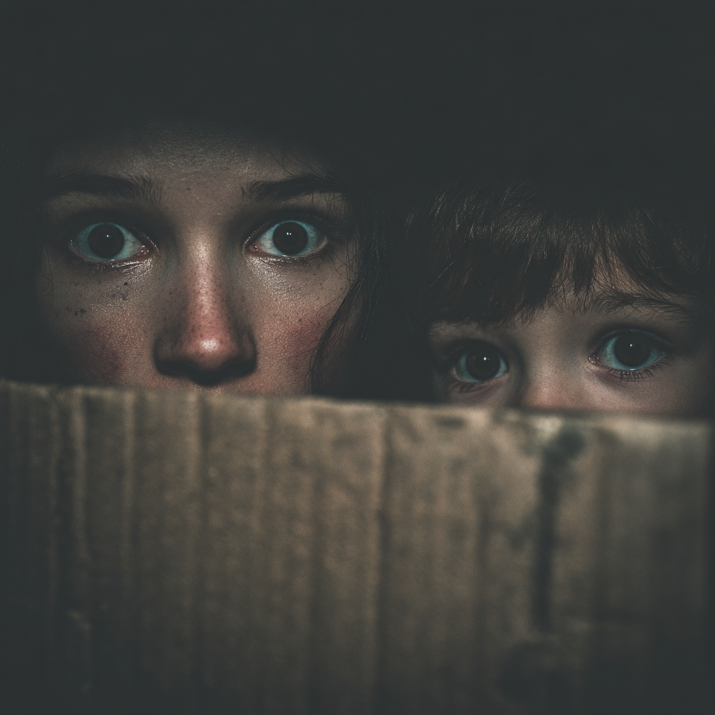 An alarmed young woman and a little boy hiding behind a box | Source: Midjourney