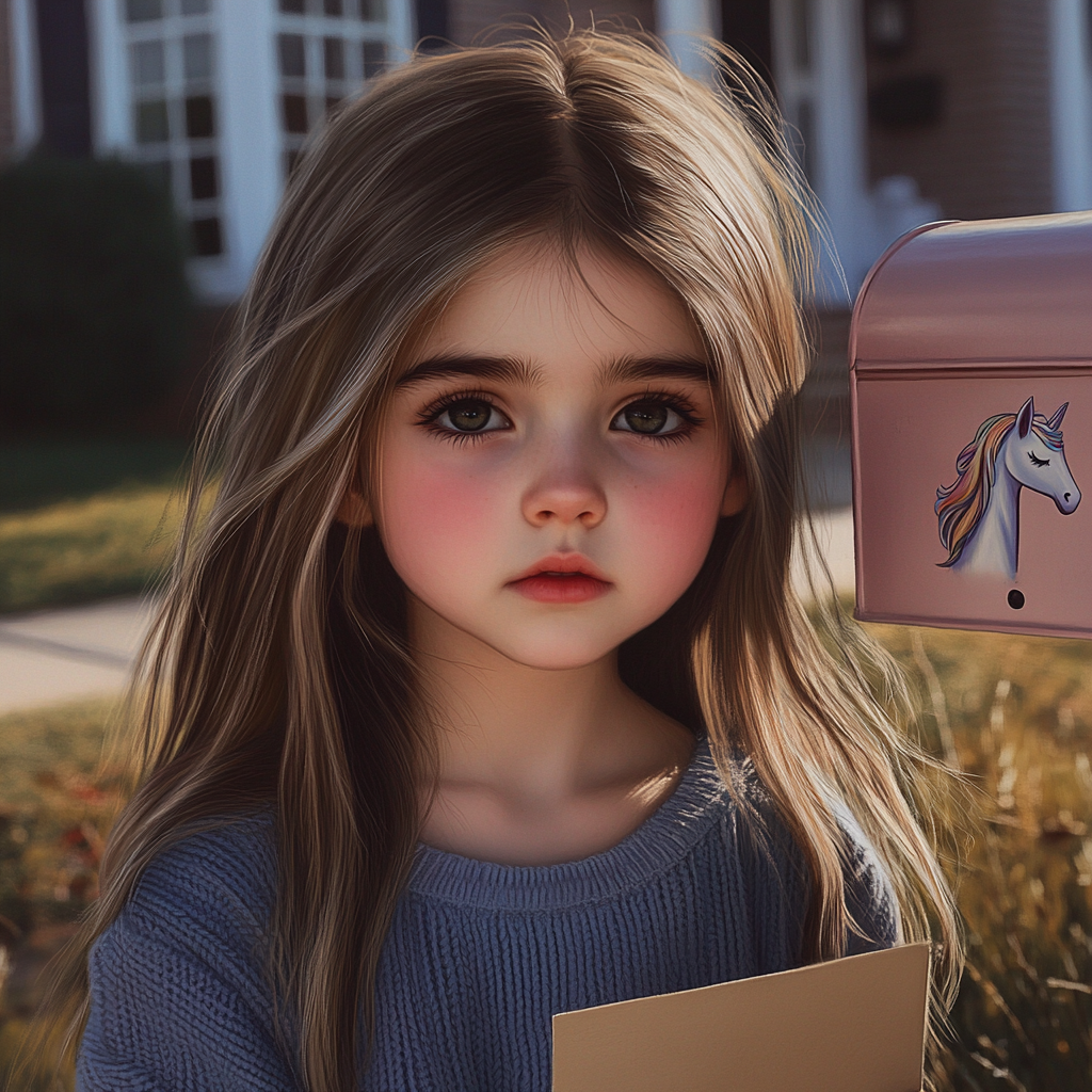 A sad little girl holding a letter and standing near a toy mailbox | Source: Midjourney