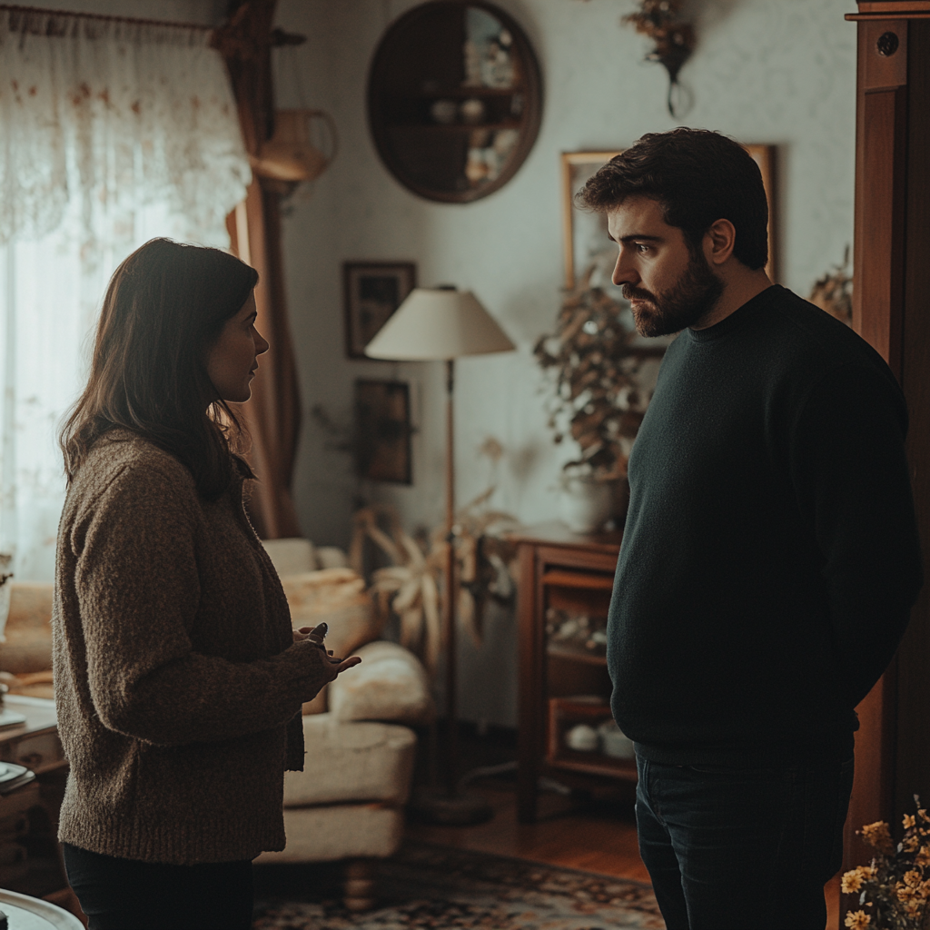 A serious couple talking in their living room | Source: Midjourney