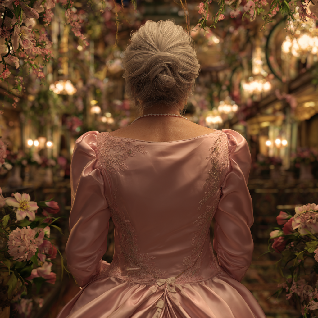 A senior woman in a pink satin dress | Source: Midjourney