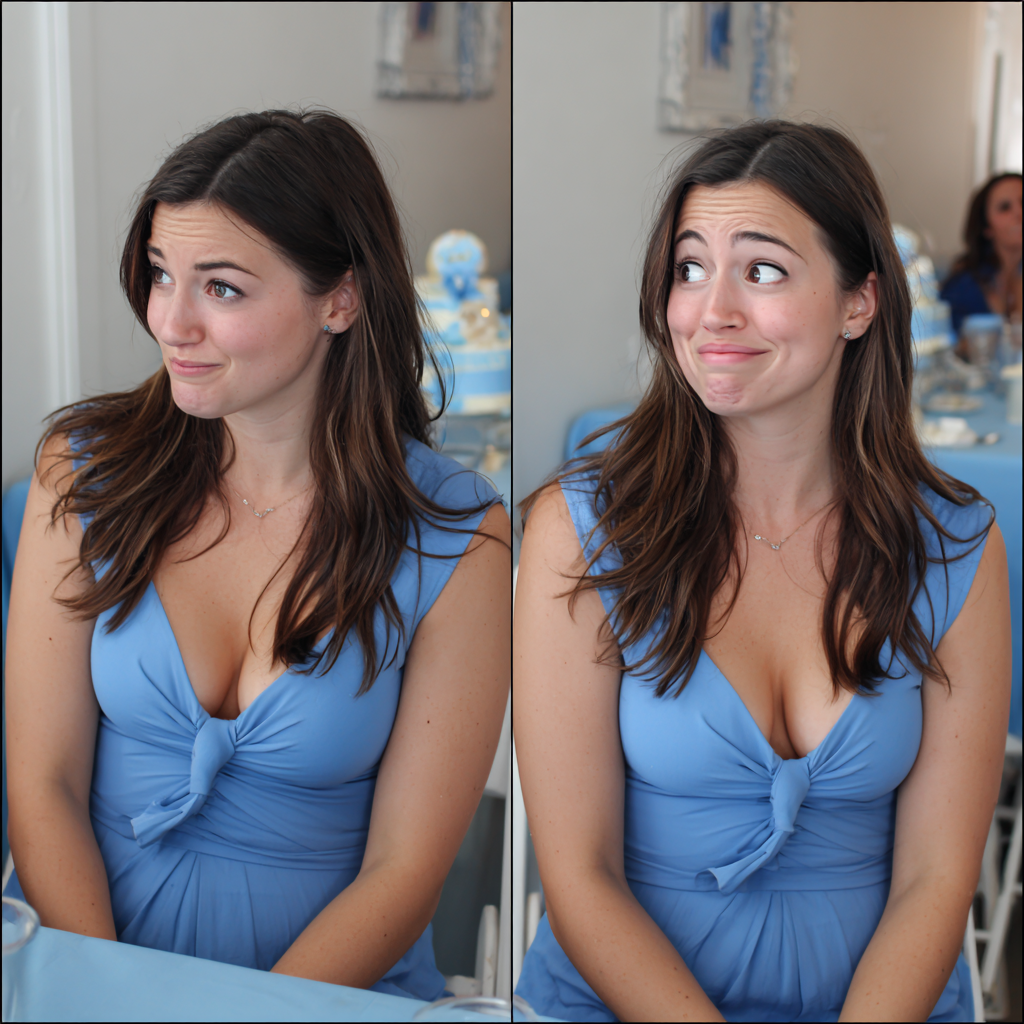 An amused woman sitting at a baby shower | Source: Midjourney