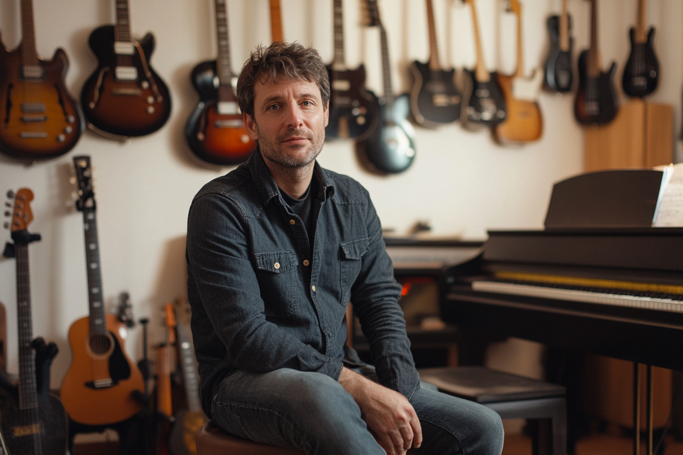 A man surrounded by musical instruments | Source: Midjourney