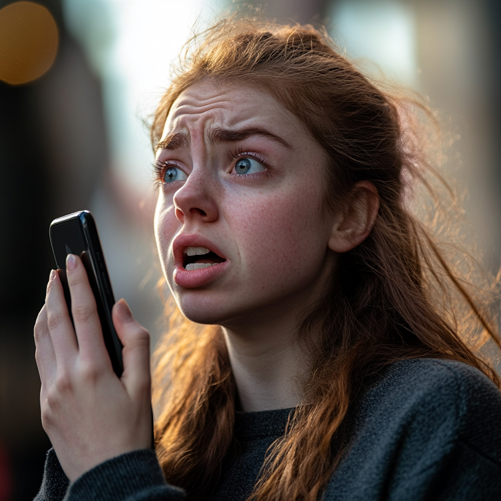 A woman looks desperate and emotional while talking on her phone | Source: Midjourney