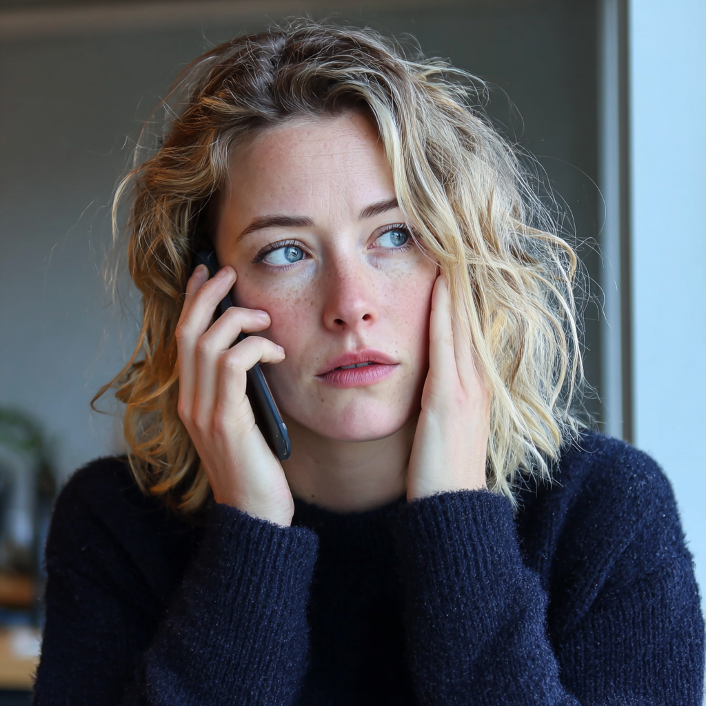 A woman holding her face and talking on a phone | Source: Midjourney