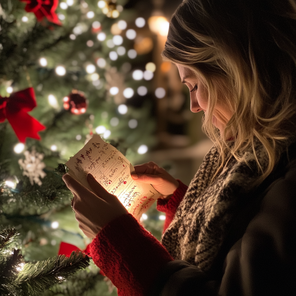 Woman reading a note next to a Christmas tree | Source: Midjourney