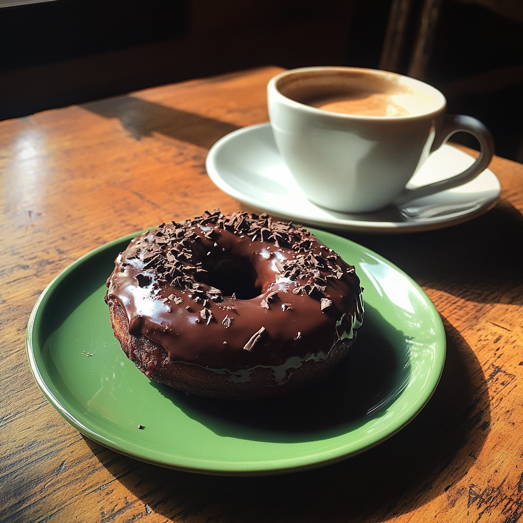 A chocolate donut and a cup of coffee | Source: Midjourney