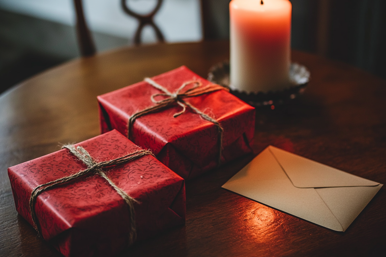 Two gifts and an envelope on a table | Source: Midjourney