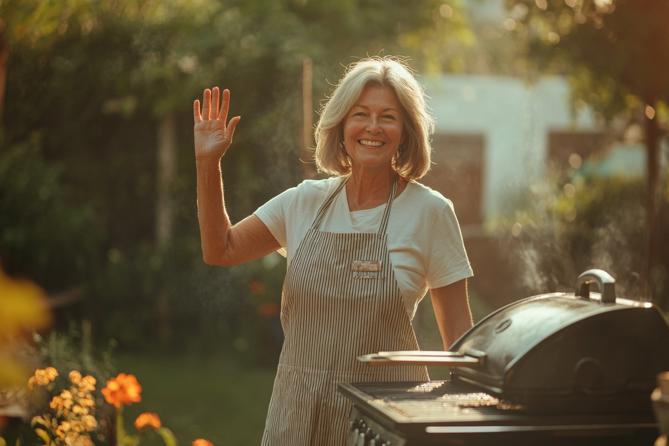 Une femme près d'un barbecue fait signe de la main | Source : Midjourney