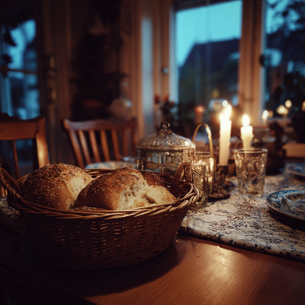 A basket of bread on a dinner table | Source: Midjourney