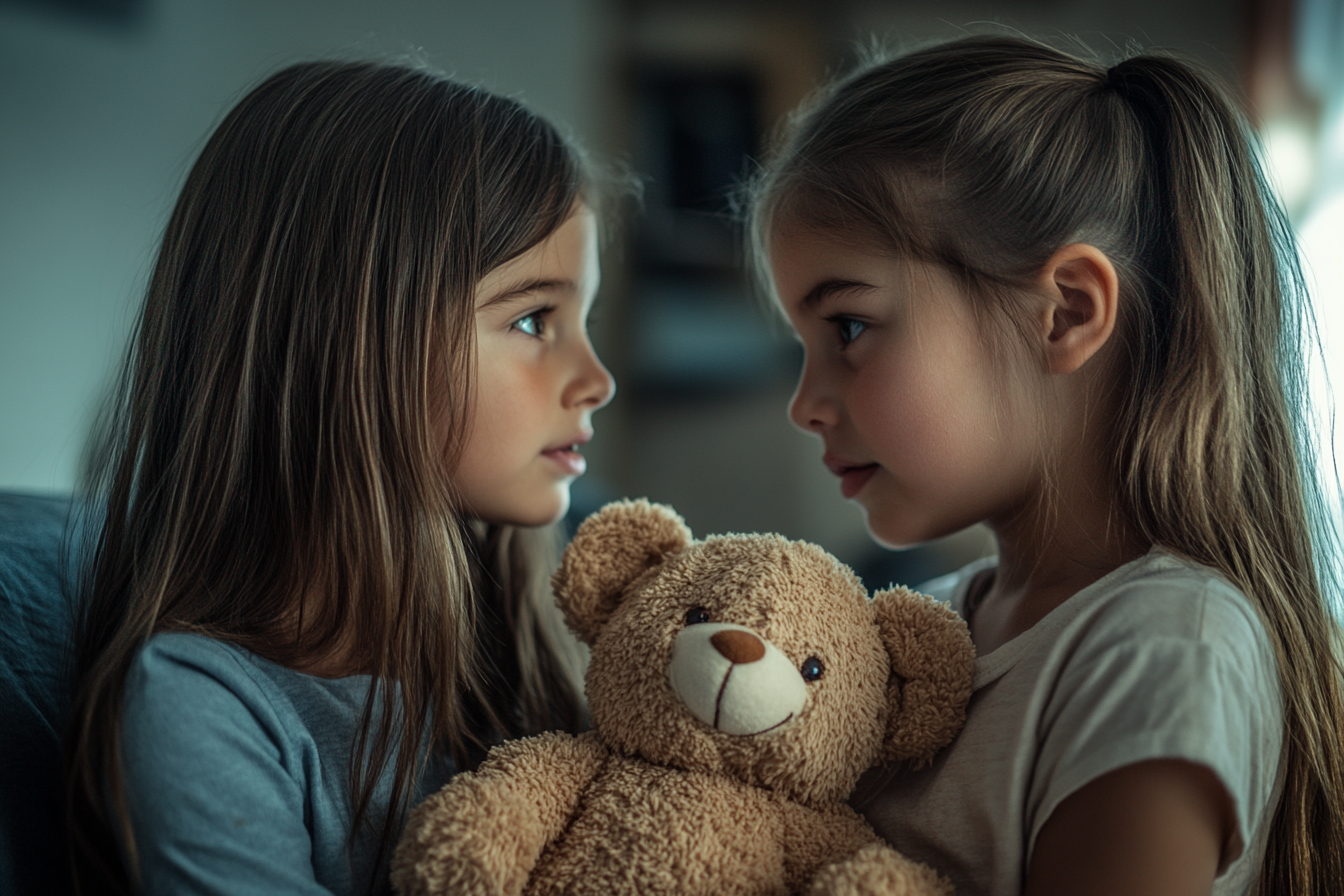 Orphaned young sisters consoling each other | Source: Midjourney