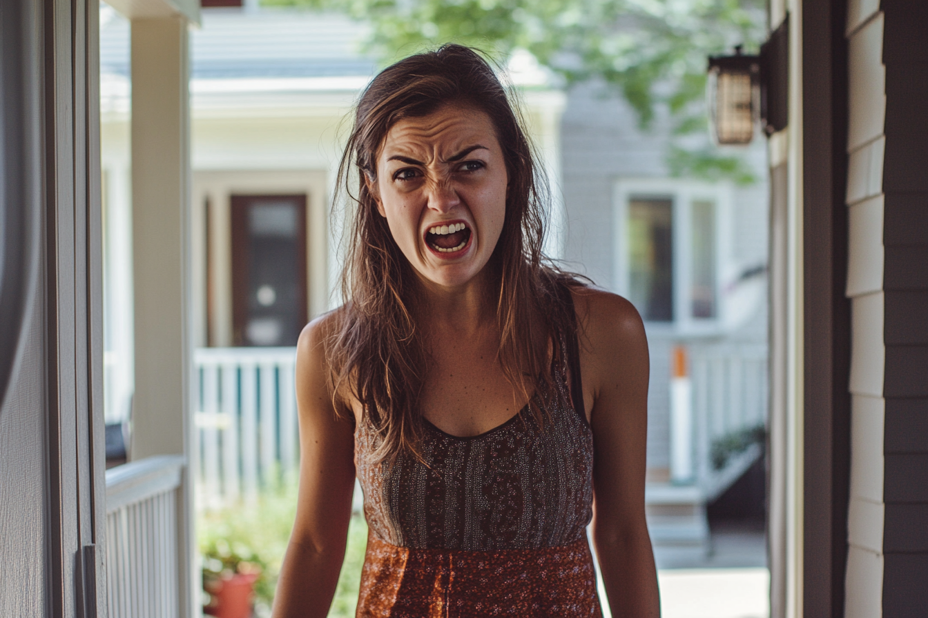 A woman standing on a porch yelling at someone | Source: Midjourney