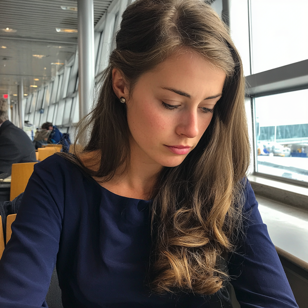 An upset young woman sitting in an airport | Source: Midjourney
