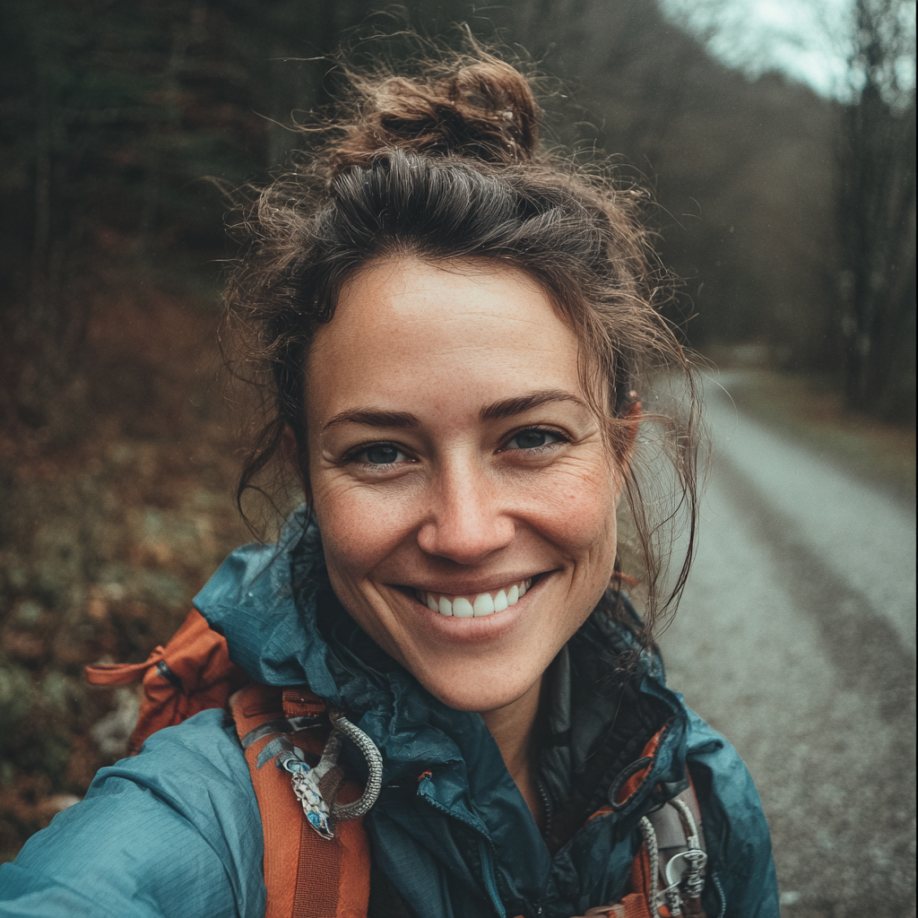 A smiling woman on a hiking trail | Source: Midjourney