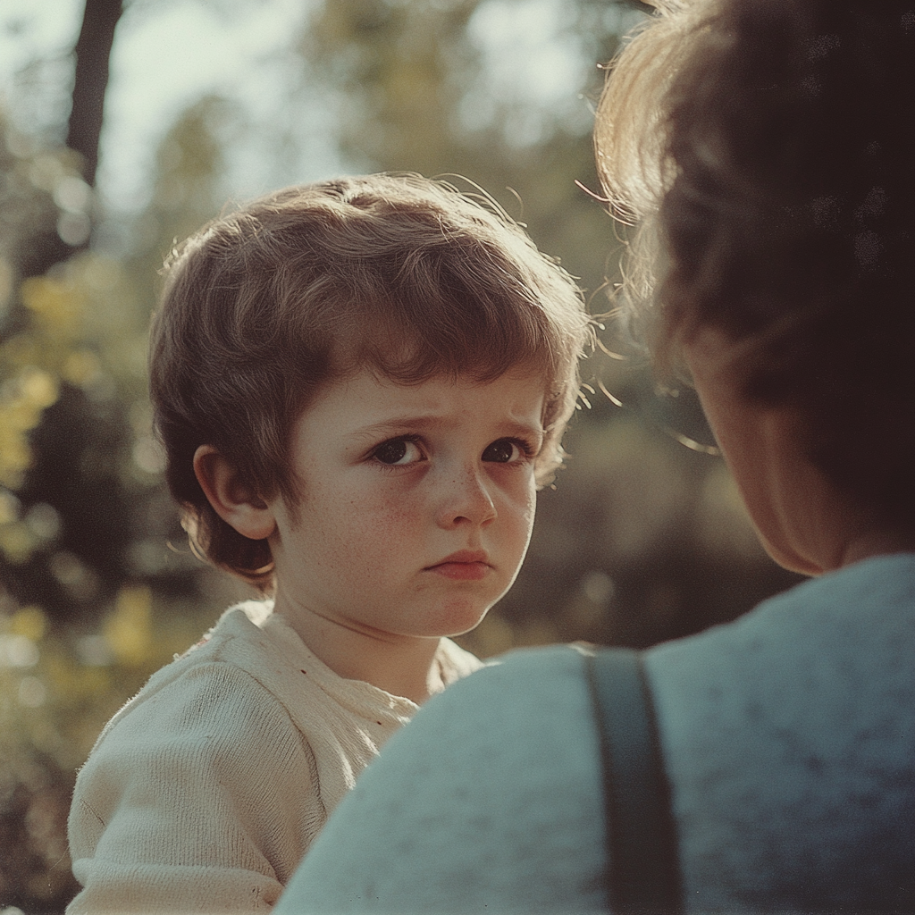 A sad boy looking at his mother | Source: Midjourney