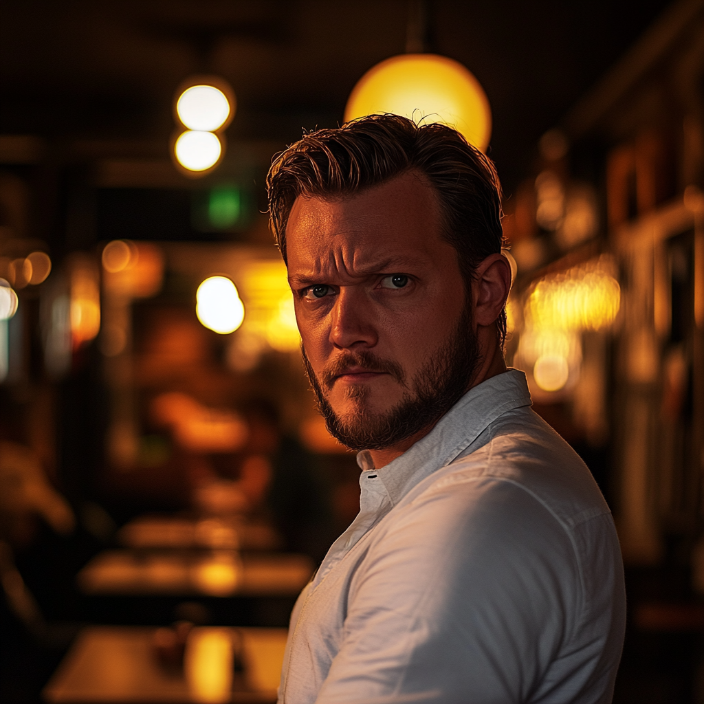 A man glares at someone while standing in a restaurant | Source: Midjourney