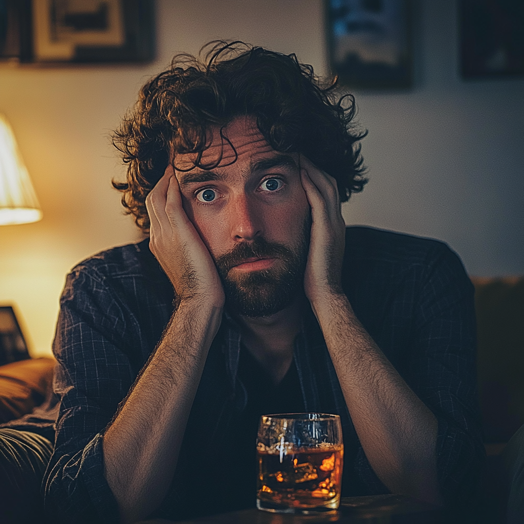 A shocked man with a glass of whiskey | Source: Midjourney