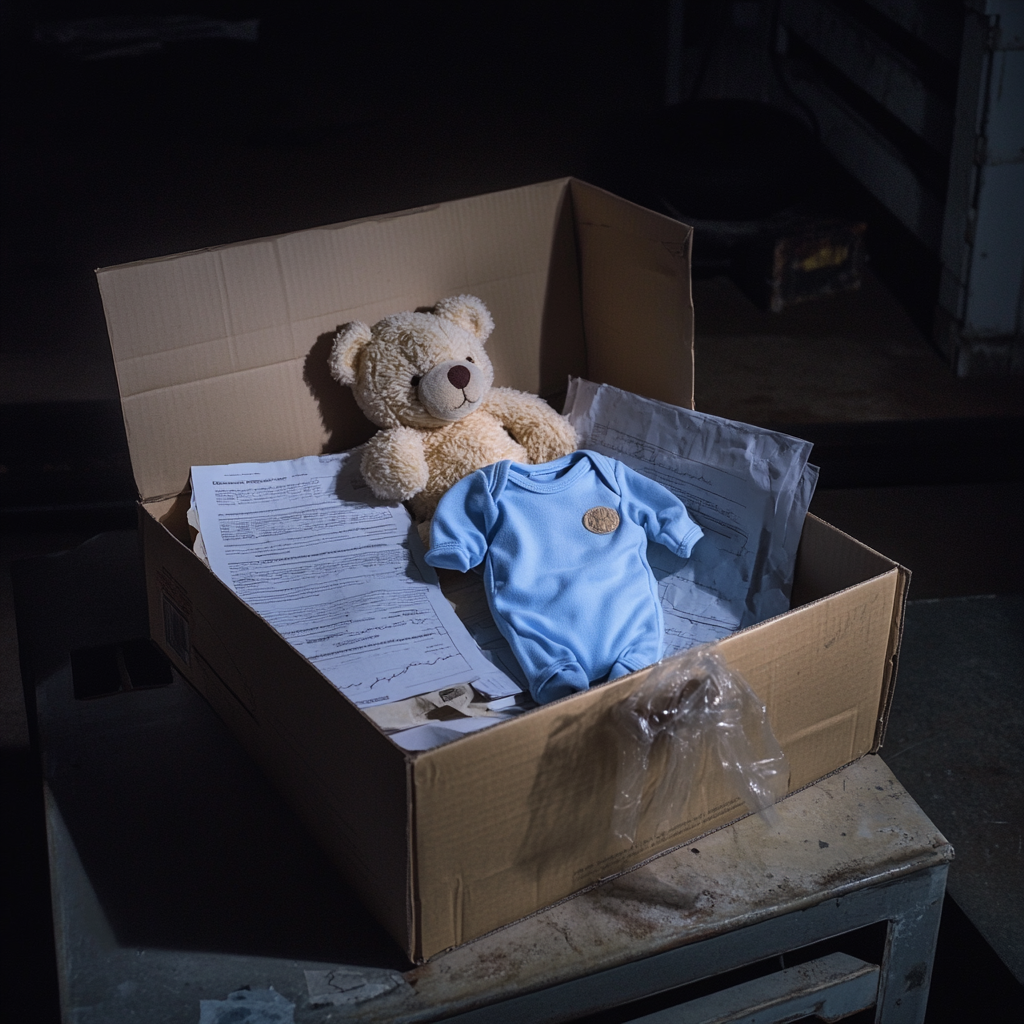 A box of baby items in a garage | Source: Midjourney