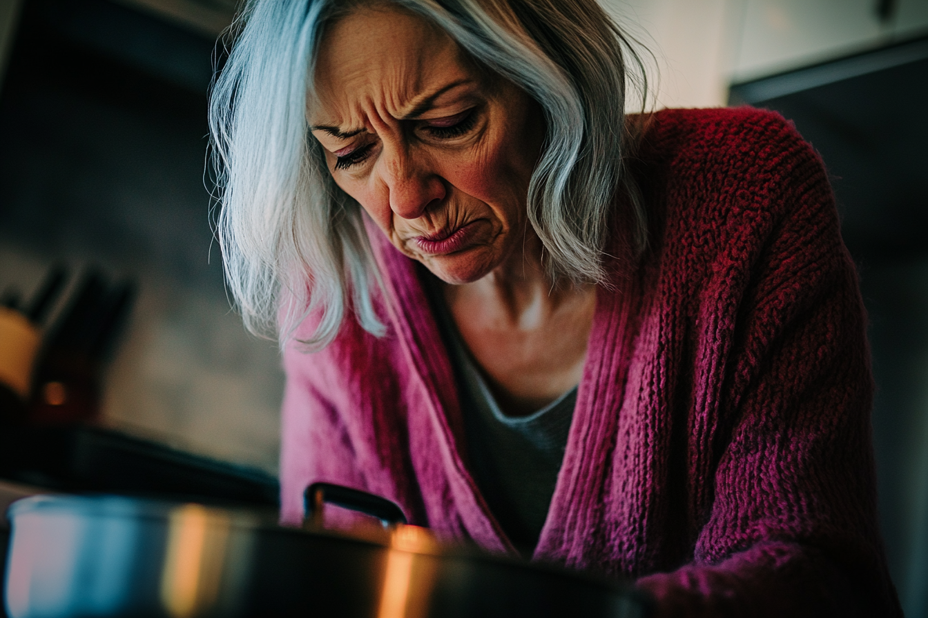 Woman in her 50s looking down at a pot on the stove in the kitchen with disgust | Source: Midjourney