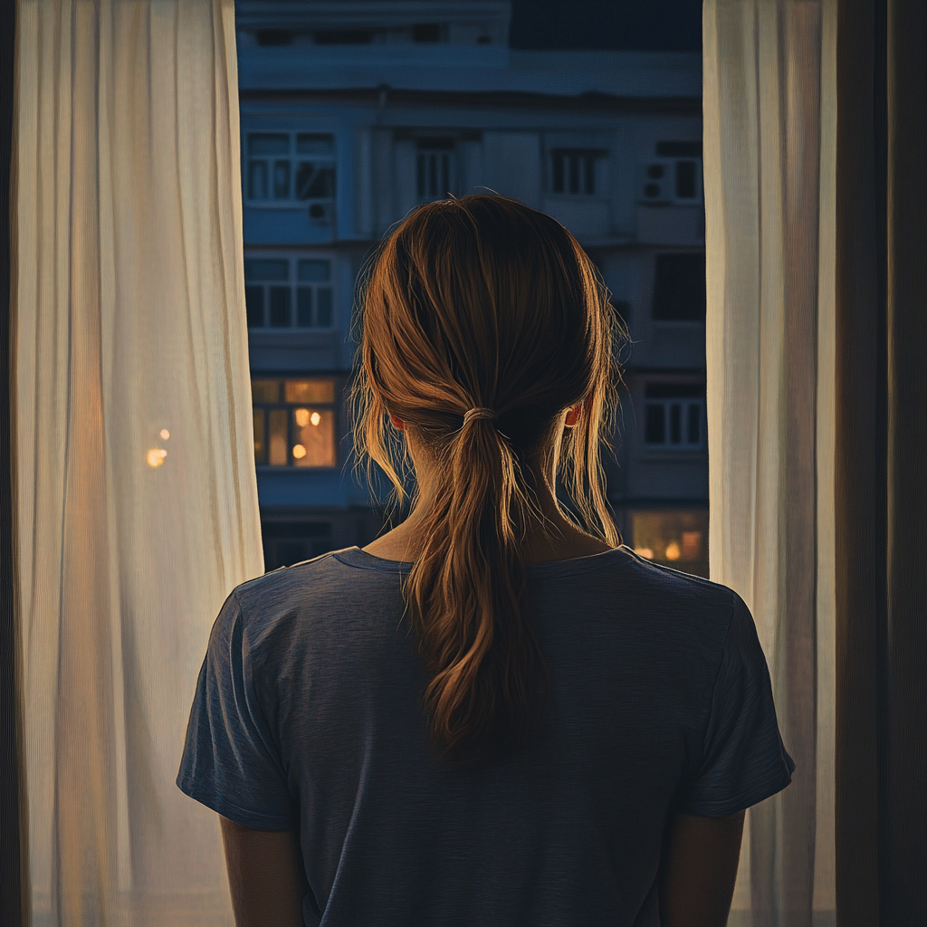 Une femme regardant par la fenêtre de sa chambre | Source : Midjourney