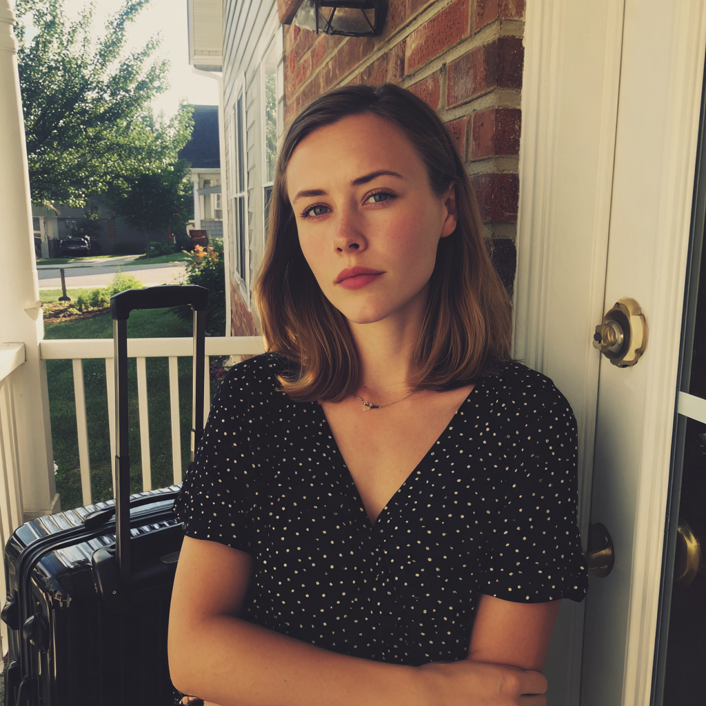 A woman standing on a porch with a suitcase | Source: Midjourney