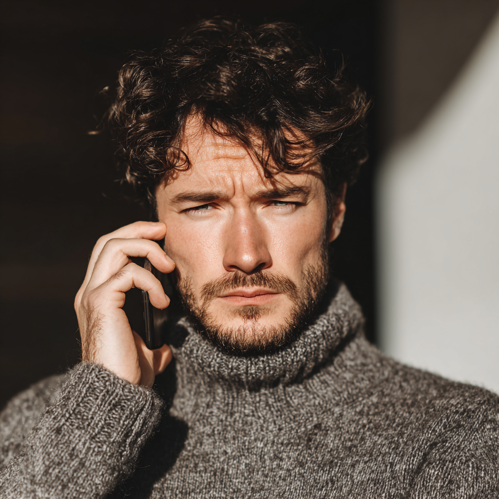 A frowning man talking on a phone | Source: Midjourney