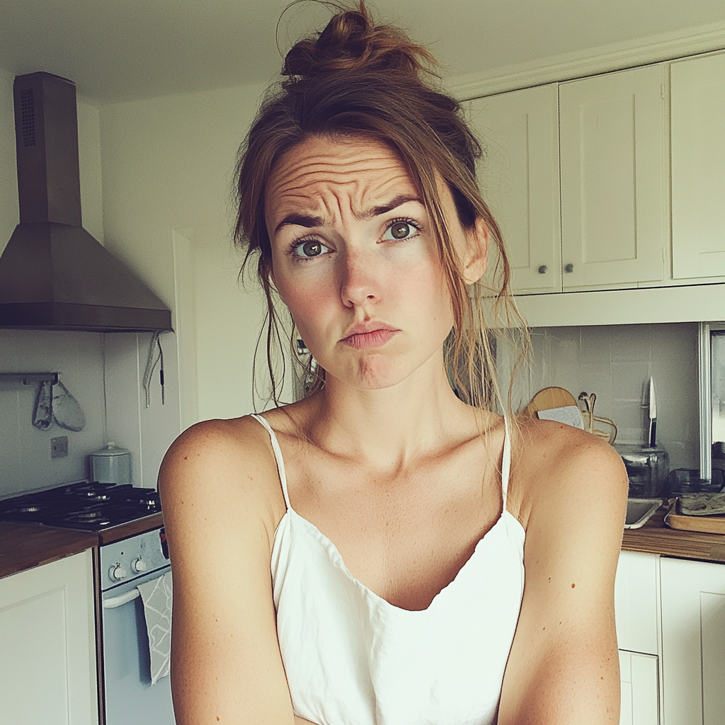 A frowning woman standing in a kitchen | Source: Midjourney
