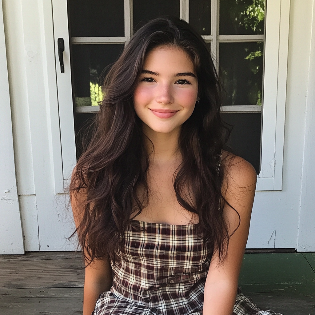 A smiling young woman sitting on a porch | Source: Midjourney