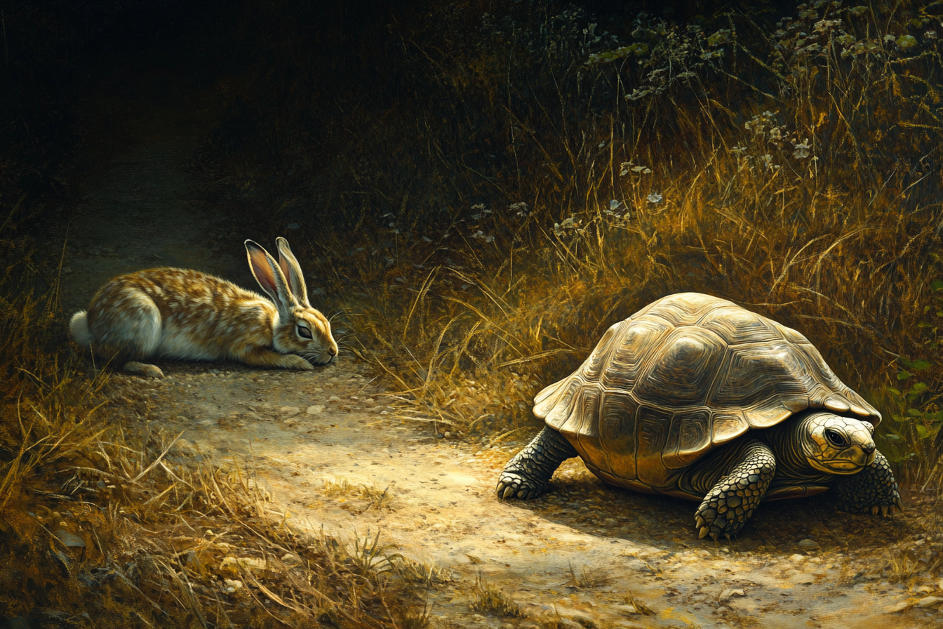 A tortoise walking past a sleeping hare | Source: Midjourney