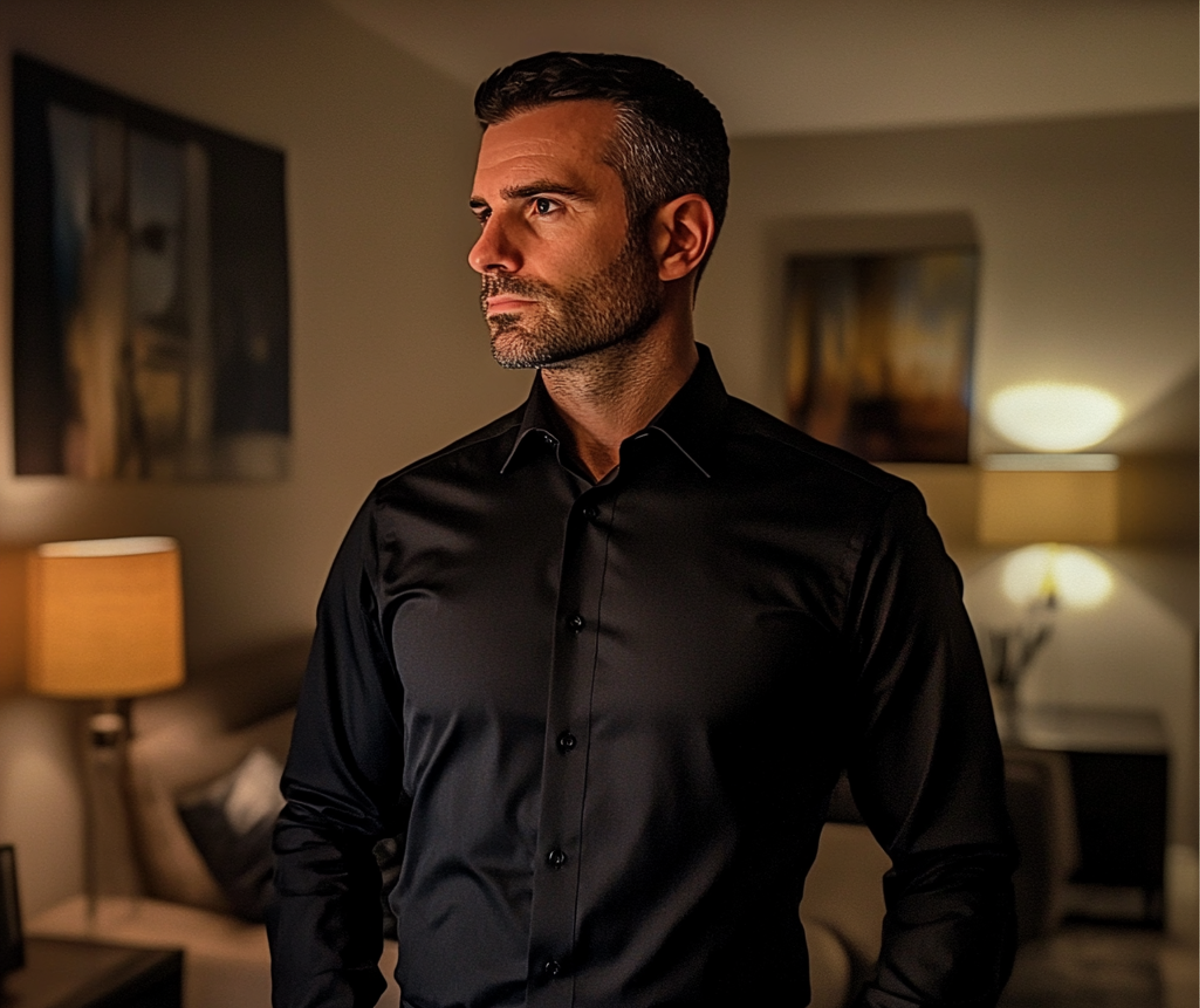 A man wearing a black formal shirt | Source: Midjourney